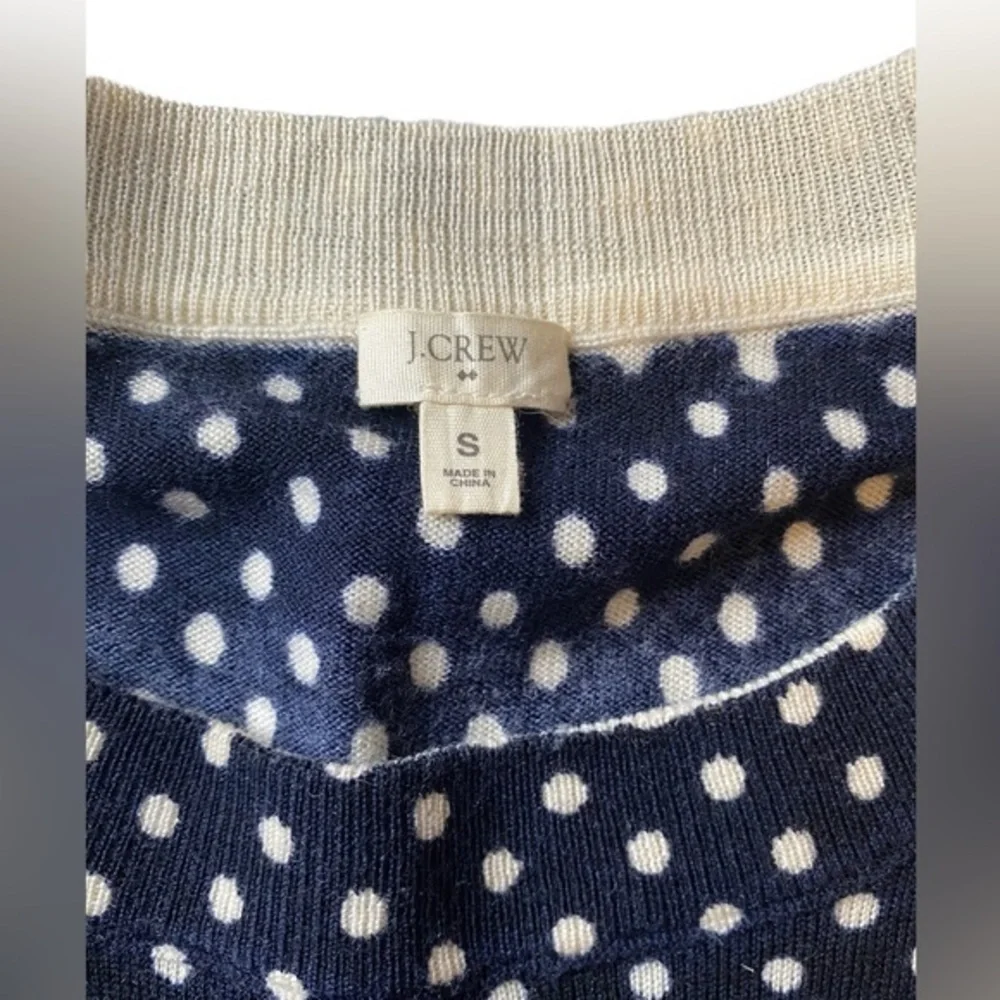 J. Crew Merino wool quarter sleeve navy w white polka dot crew sweater Small